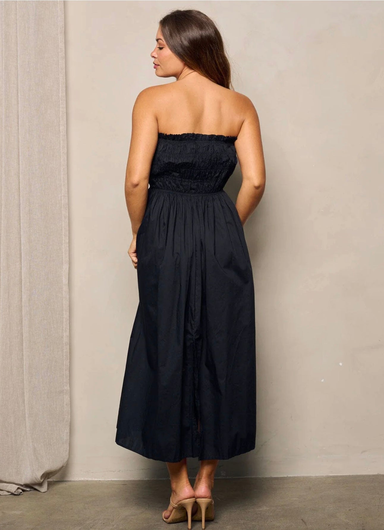 Bridget Strapless Smocked Pocket Midi Dress ~ Black