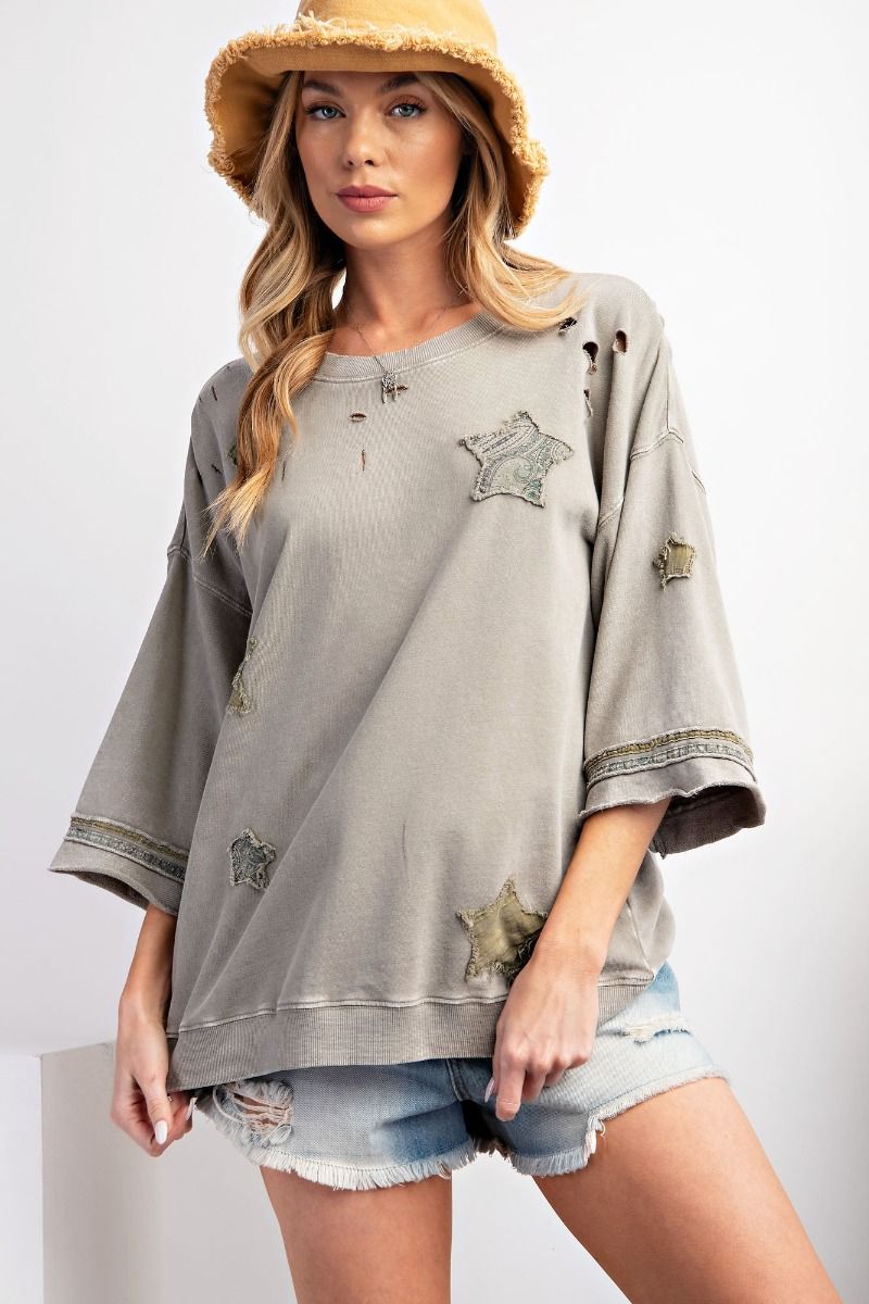 Maggie Patch Work Distressed Top ~ Olive Grey