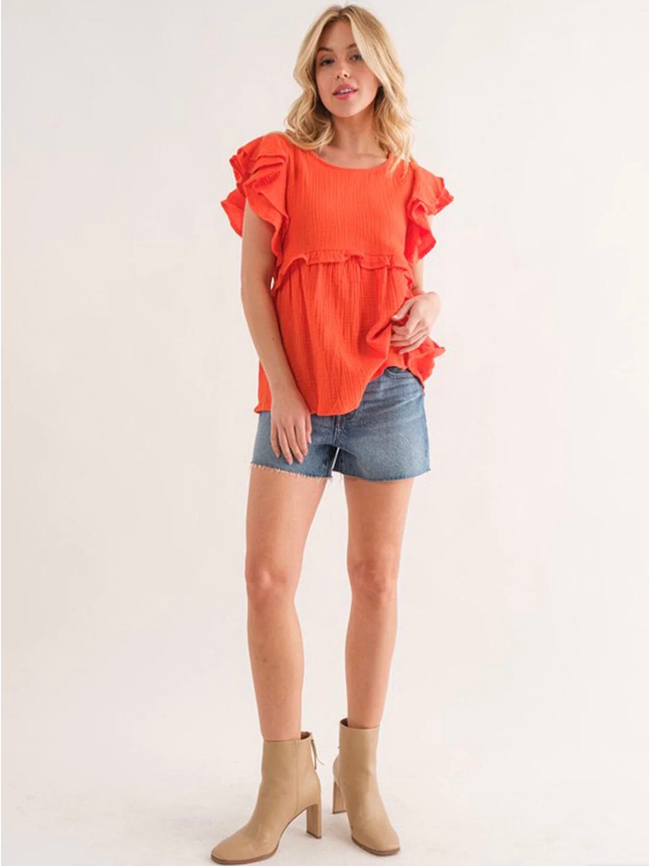 Sara Ruffle Sleeve Baby Doll Top ~ Orange