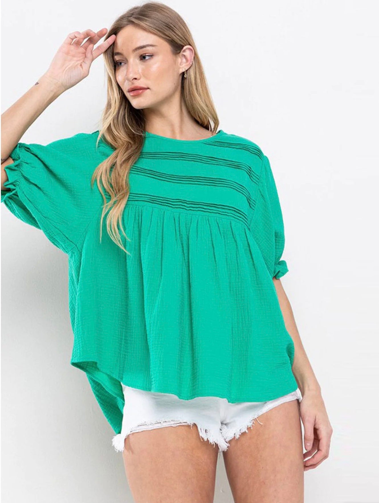 Jewel Short Puff Sleeve Top ~ Green
