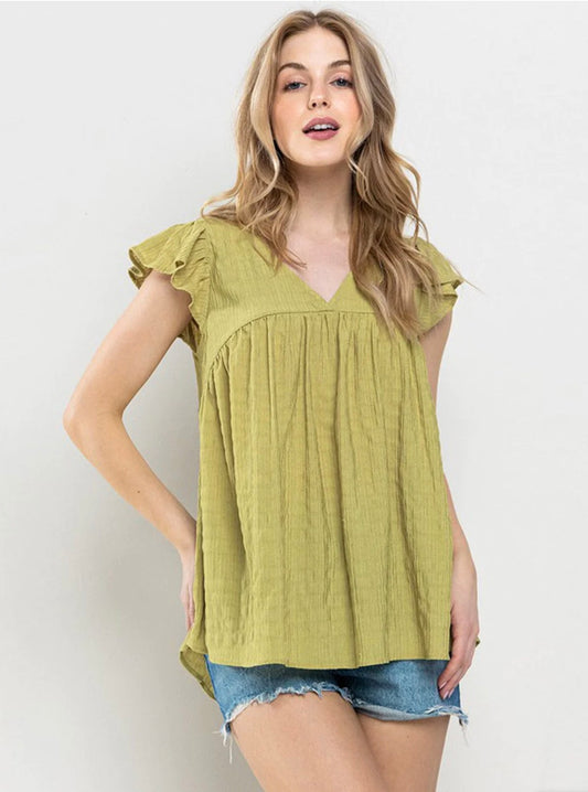 Nadia Ruffle Sleeve V Neck Top ~ Lime