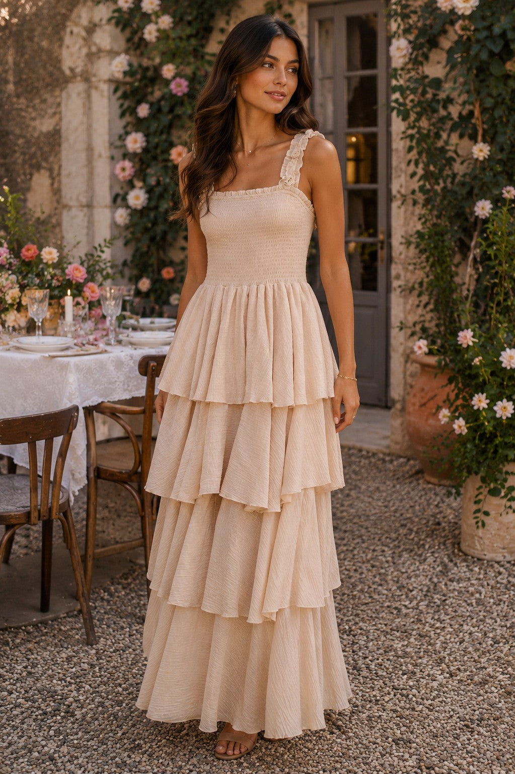 Sadie Floral Strap Tiered Gauze Maxi Dress ~ Natural