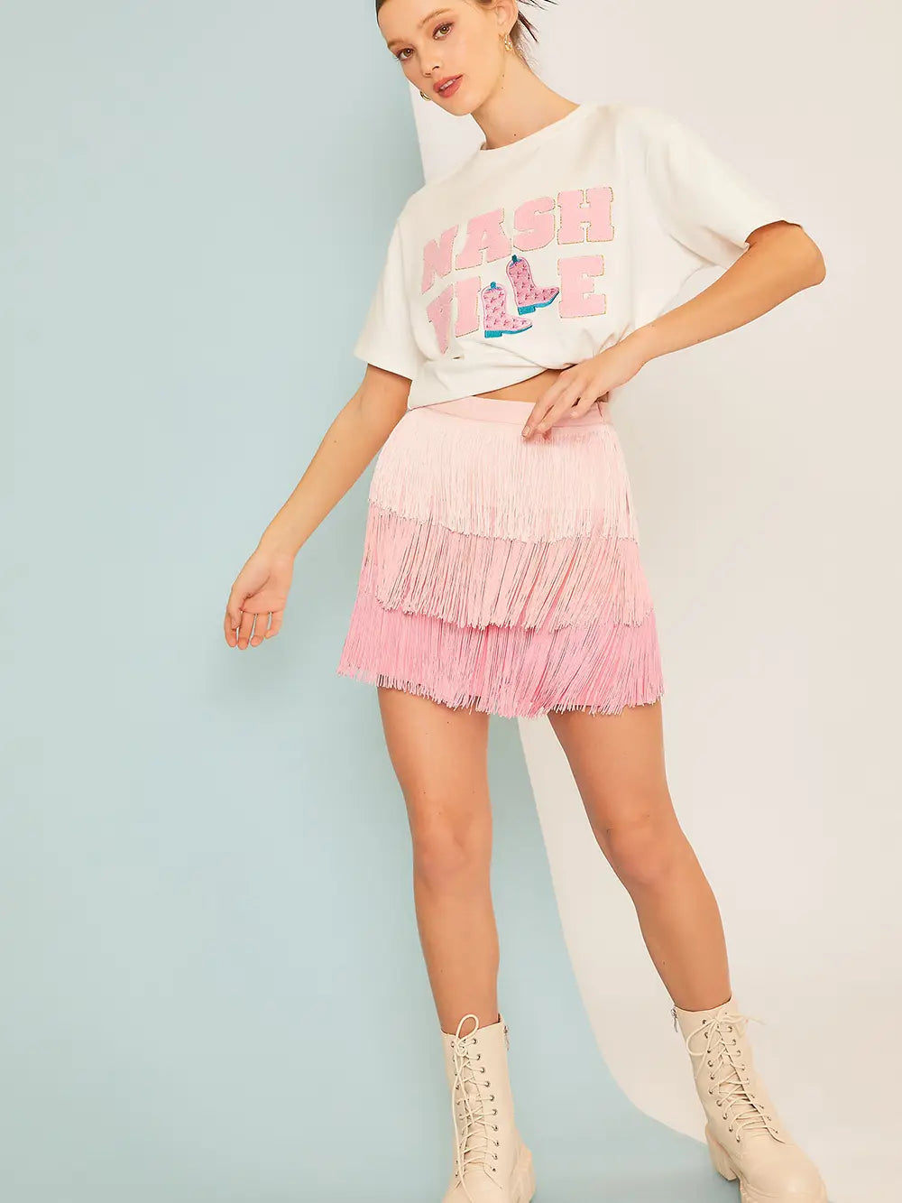 Fran Fringe Color Block Mini Skirt ~ Pink