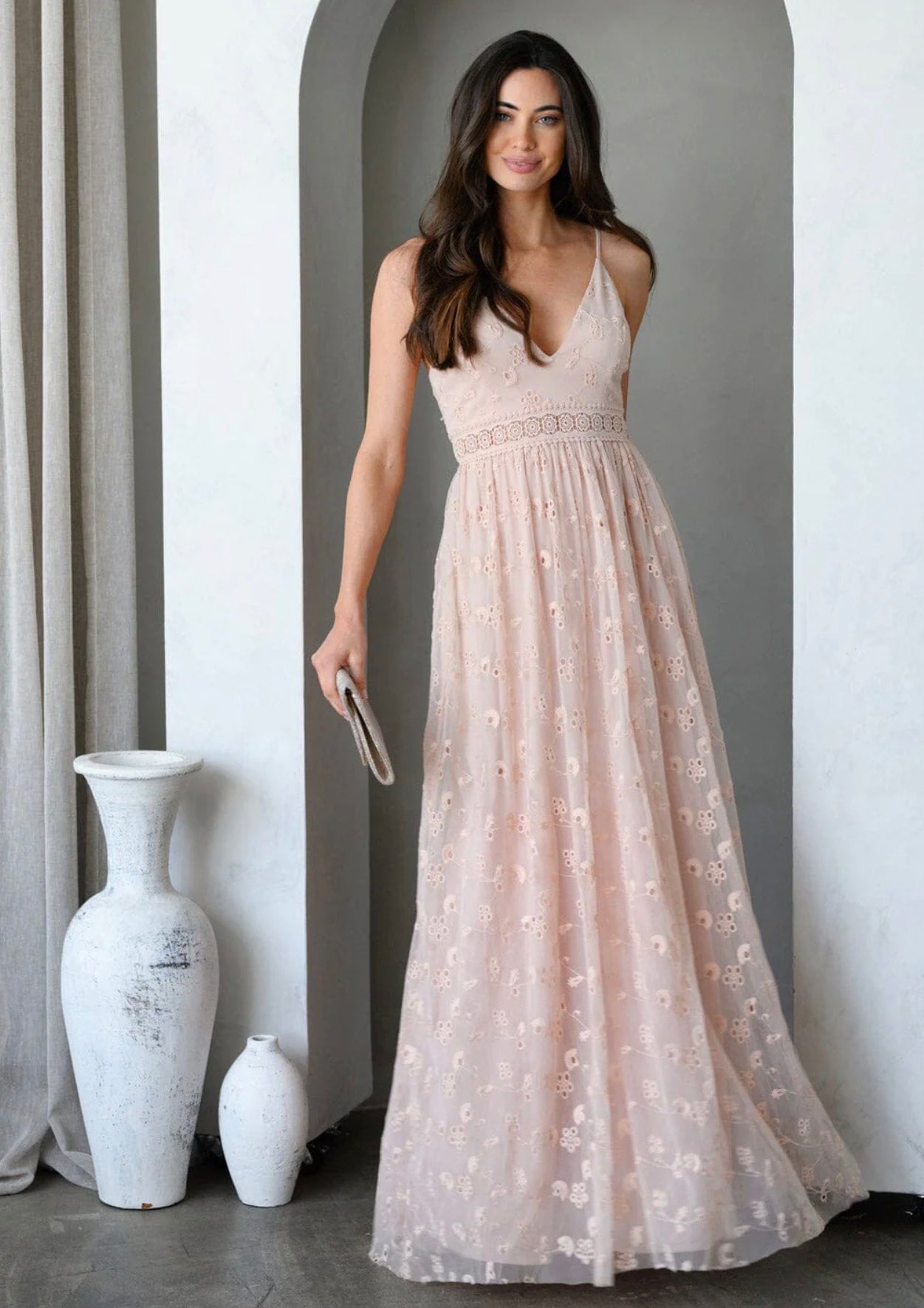 Angela V Neck Lace Eyelet Detail Maxi Dress ~ Pink