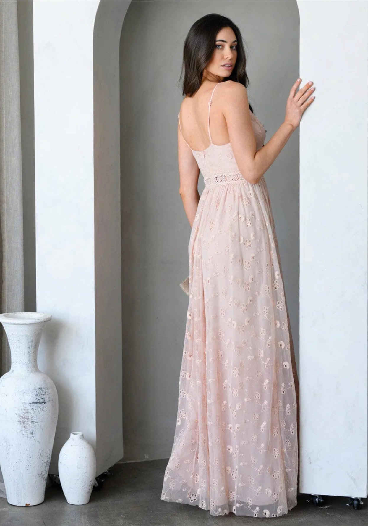 Angela V Neck Lace Eyelet Detail Maxi Dress ~ Pink