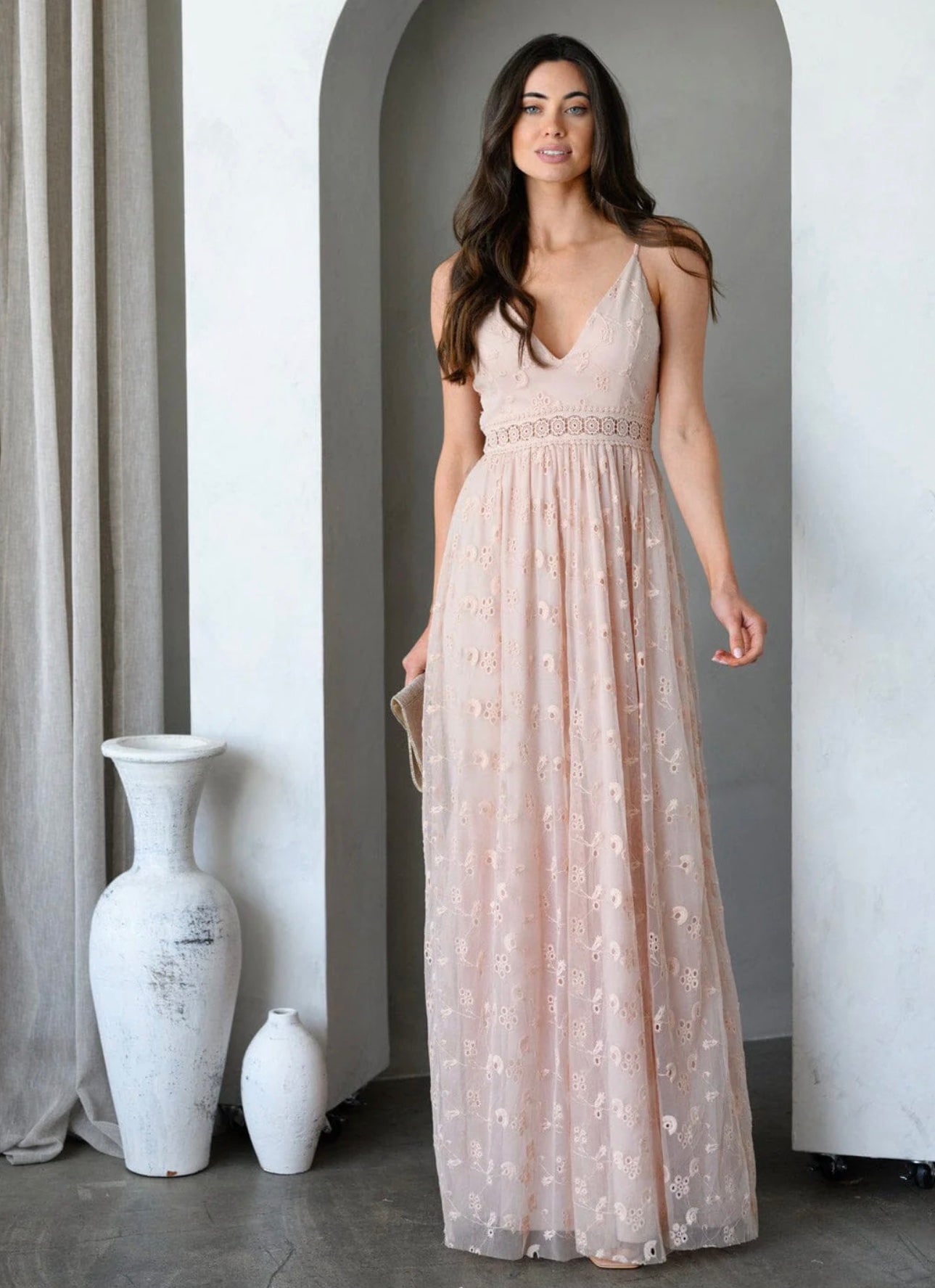 Angela V Neck Lace Eyelet Detail Maxi Dress ~ Pink