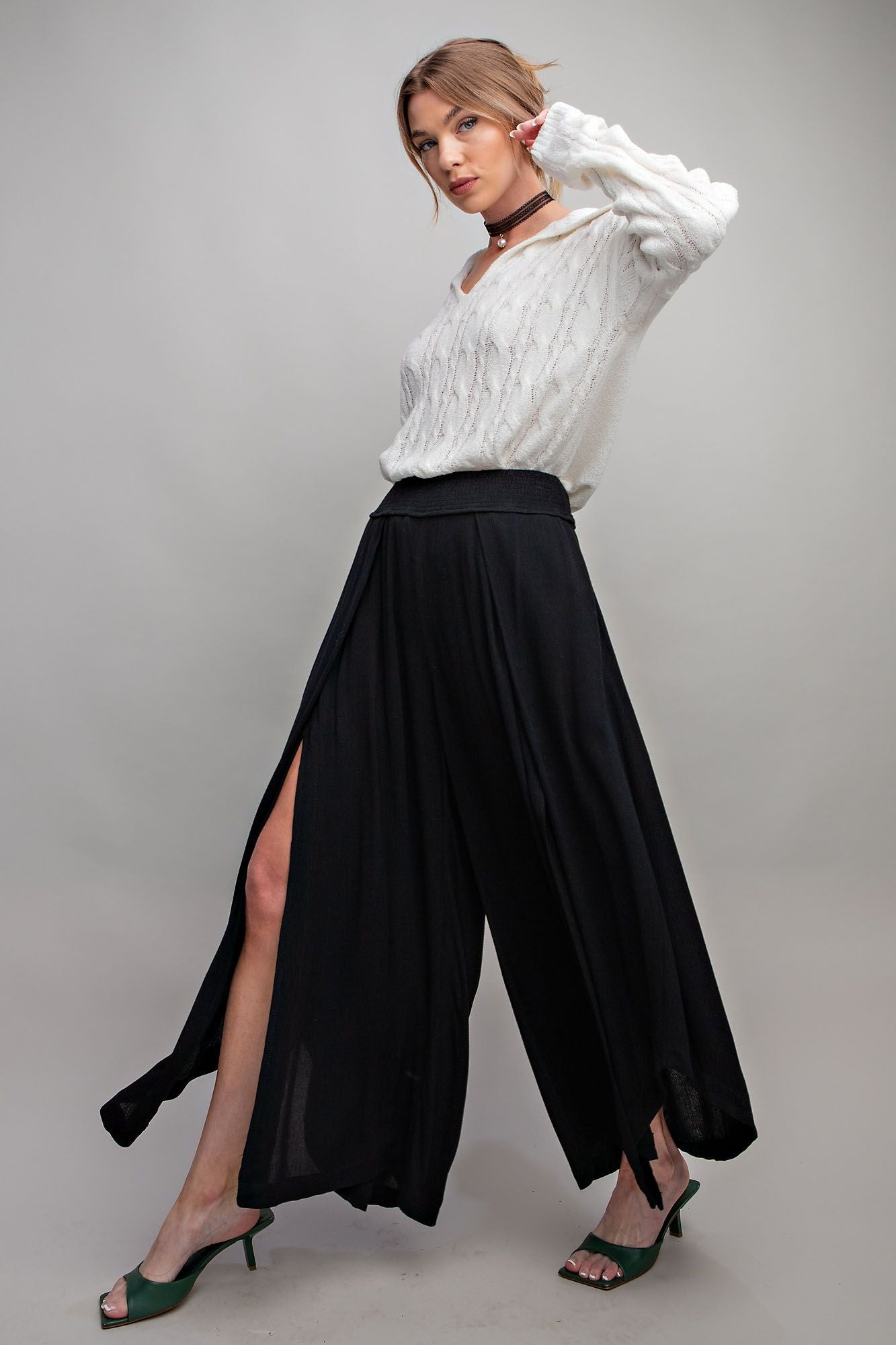 Willow Smock Waist Gauze Front Slit Pants