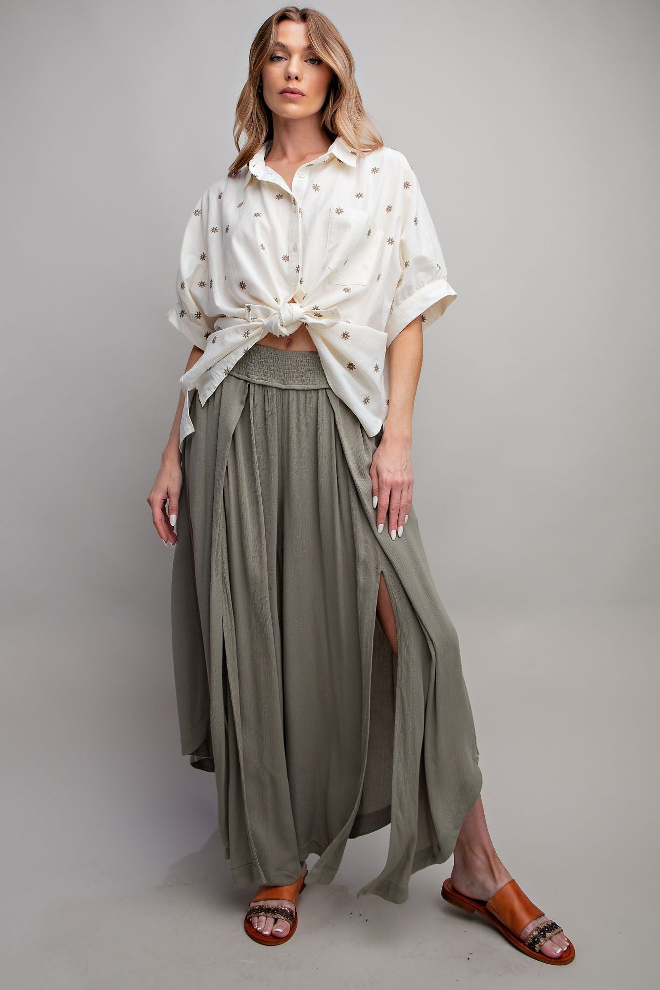 Willow Smock Waist Gauze Front Slit Pants