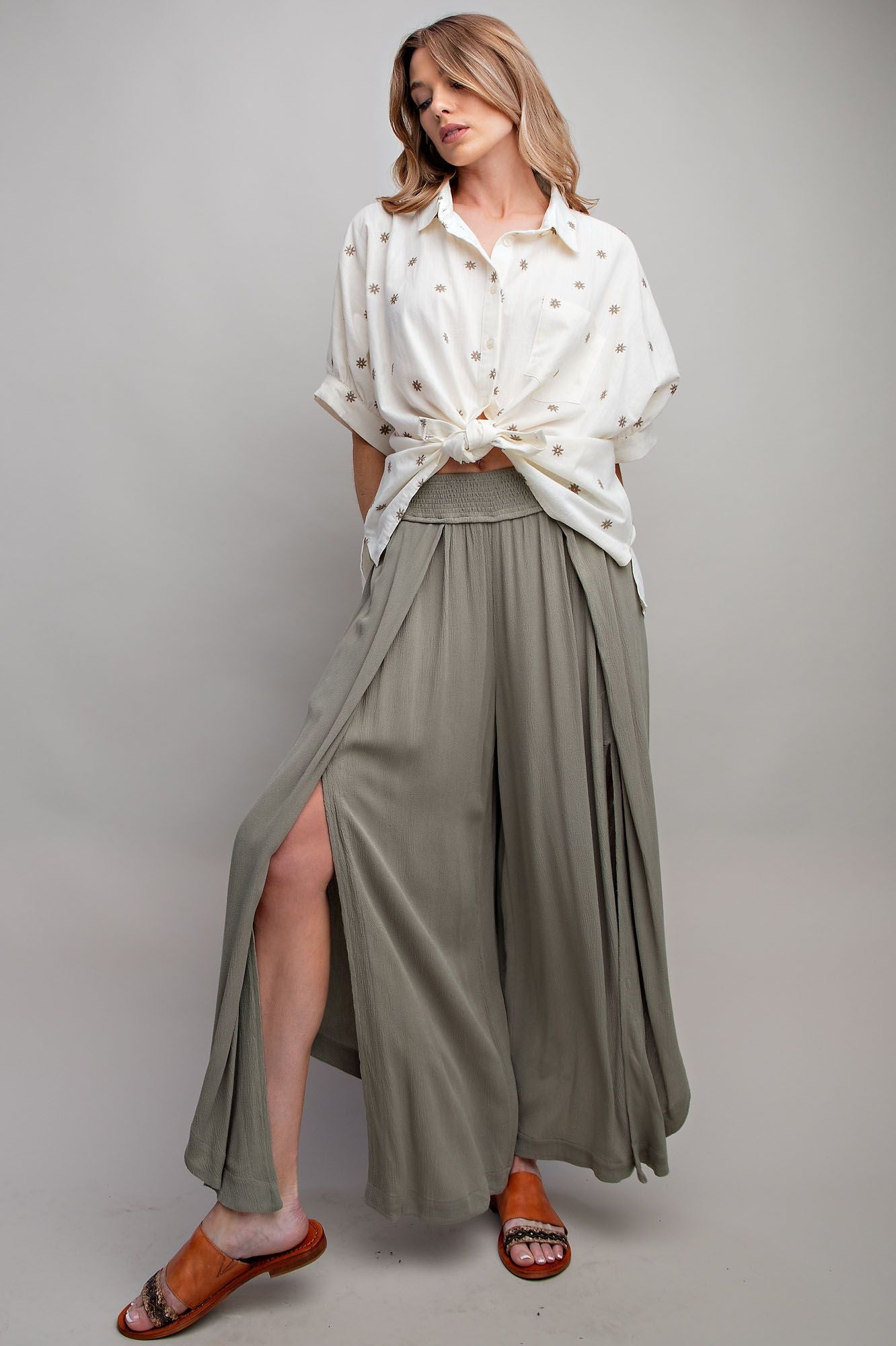 Willow Smock Waist Gauze Front Slit Pants