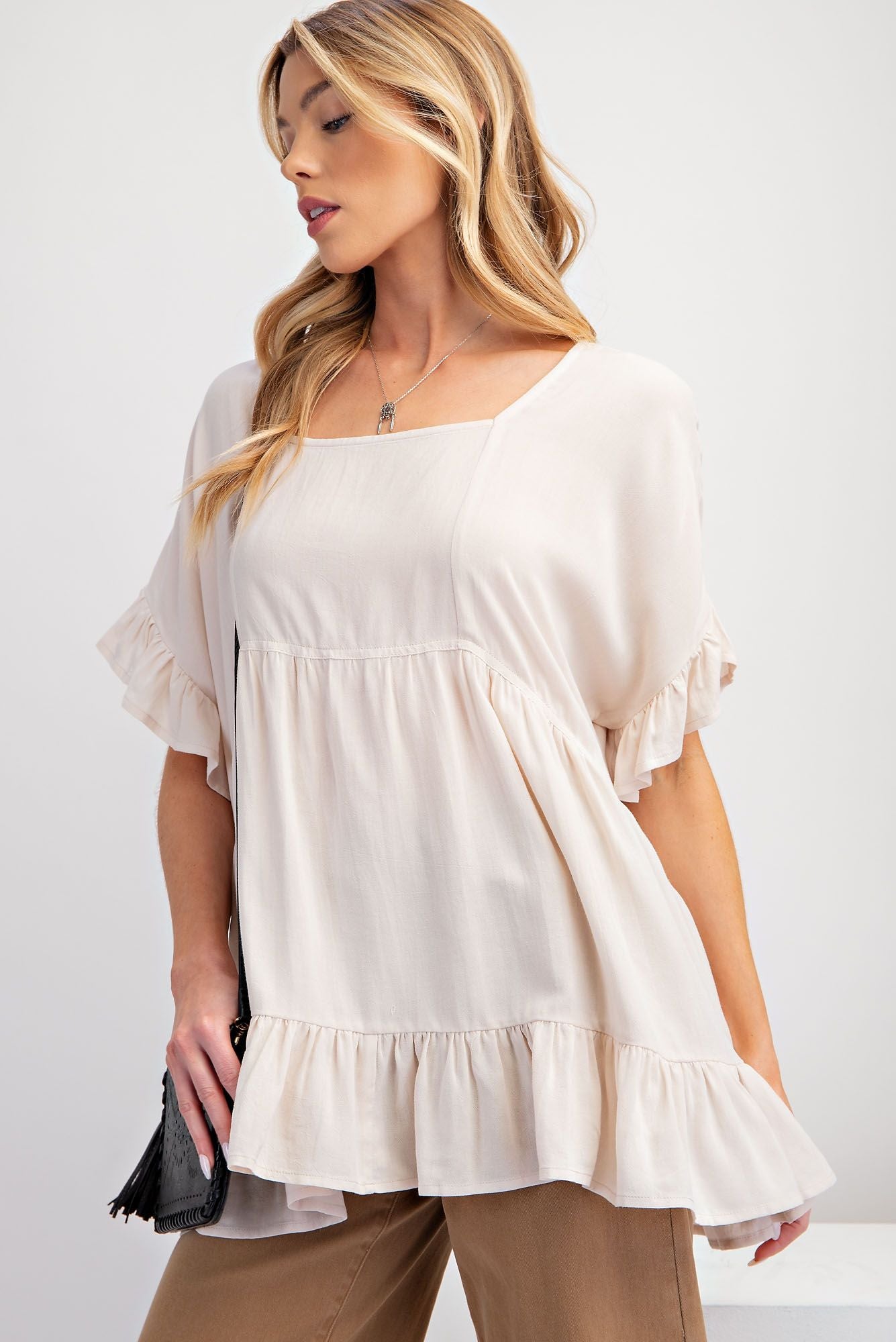 Asher Linen Blend Ruffle Top ~ Natural