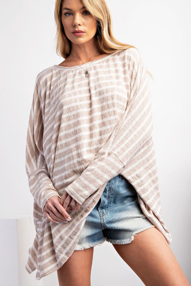 Tori Twisted Neck Band Oversized Stripe Top ~ Mushroom