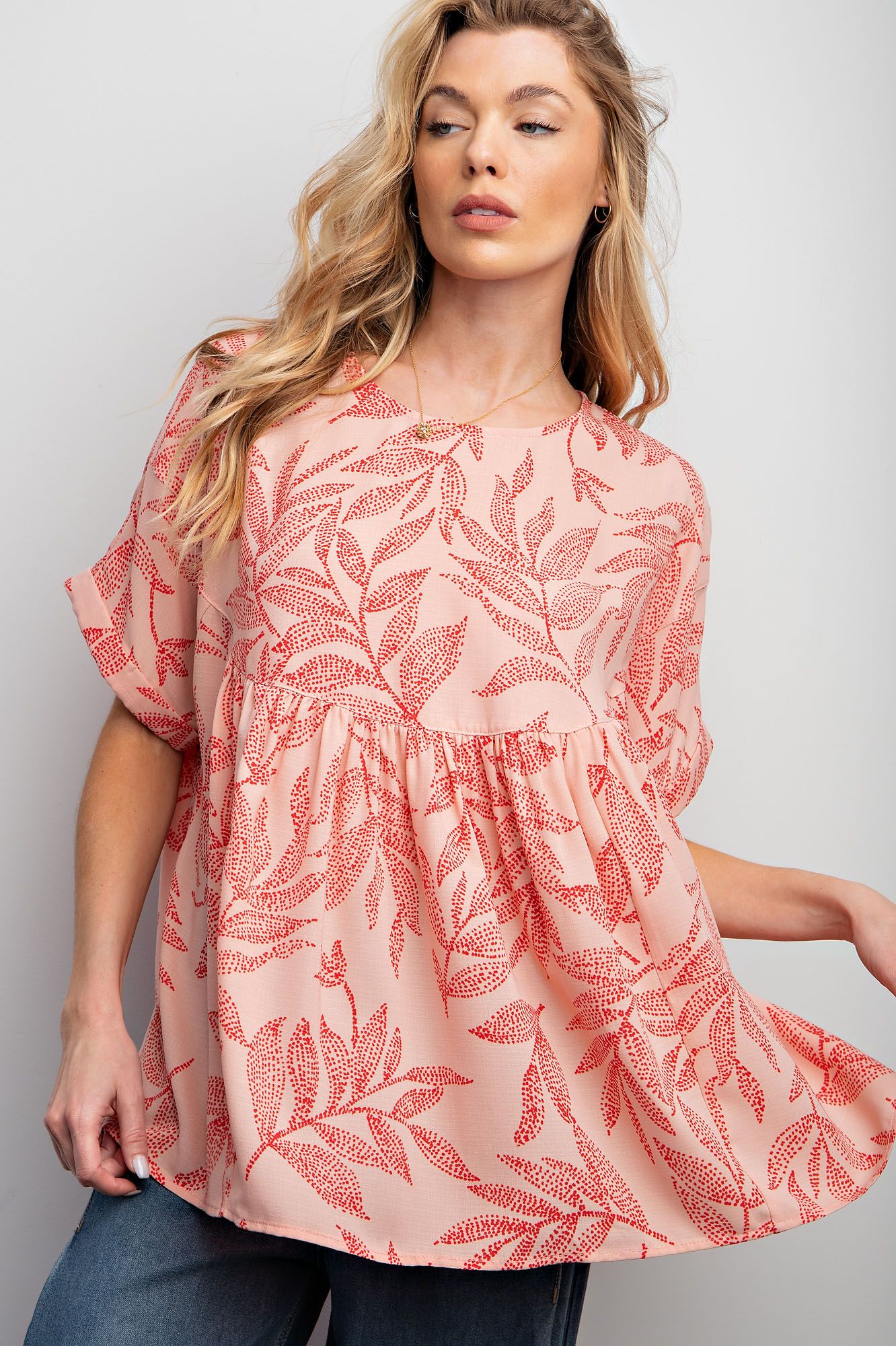 Leaf Printed Lauren Linen Baby Doll Top ~ Peach Smoothie