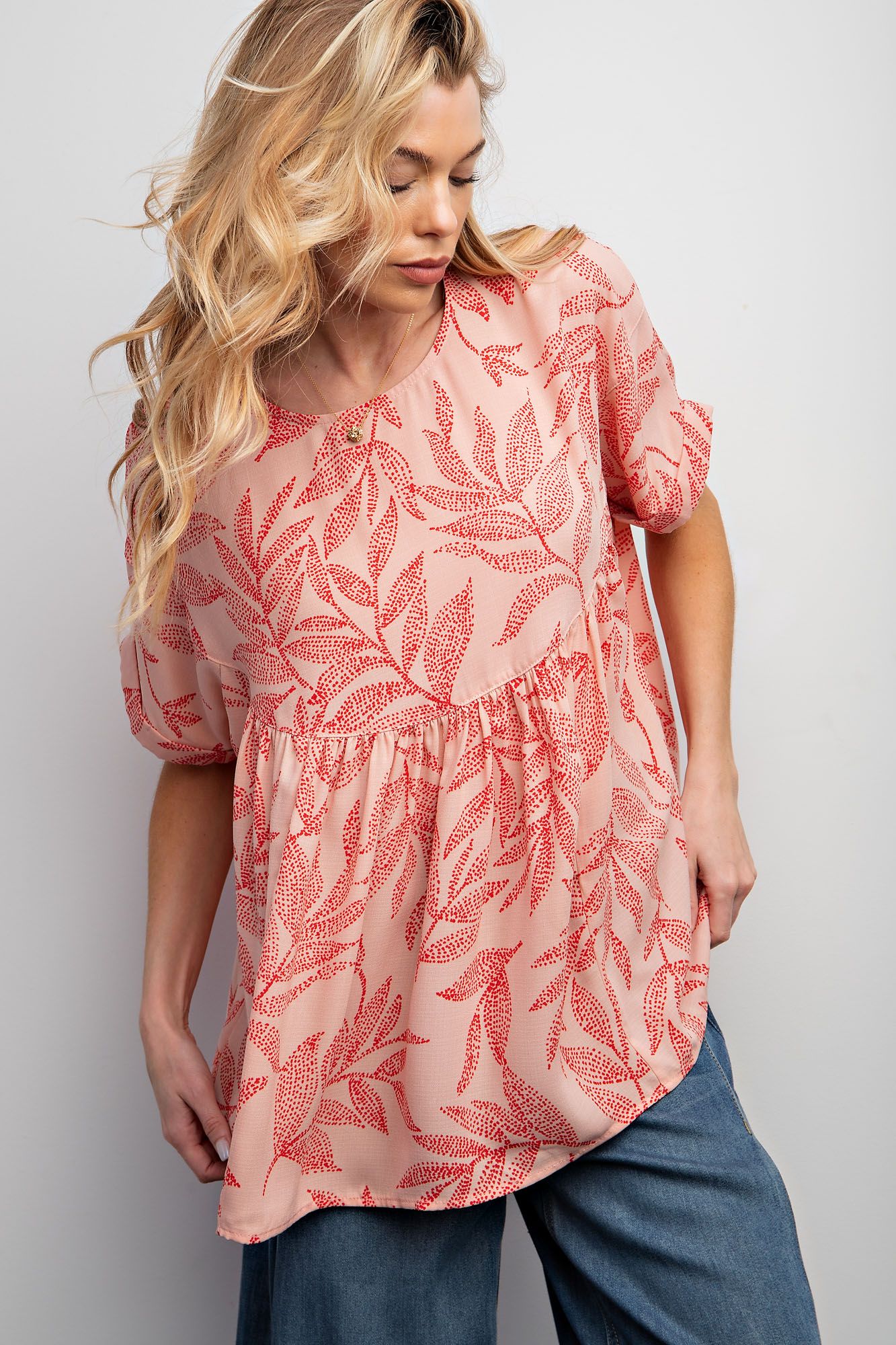 Leaf Printed Lauren Linen Baby Doll Top ~ Peach Smoothie