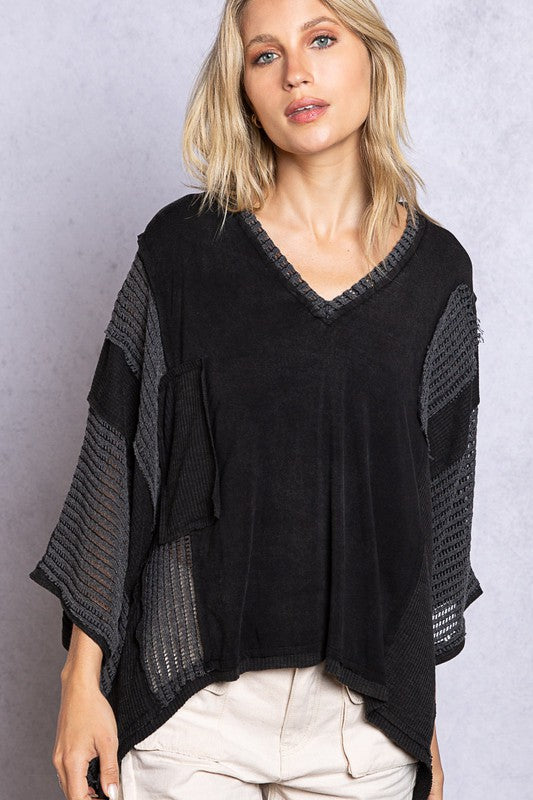 Addie 3/4 Sleeve Oversized High Low Contrast Top