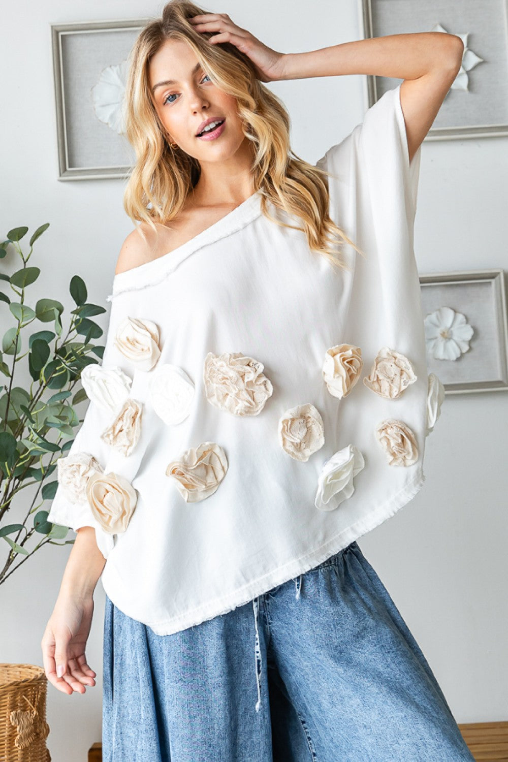 Waverly Washed 3D Flower Woven Top ~ White