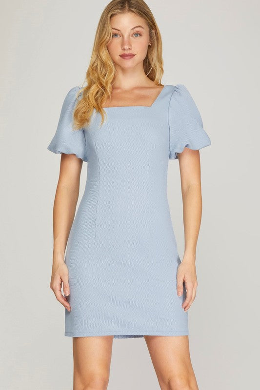 Palmer Puff Square Neck Mini Dress ~ Light Blue