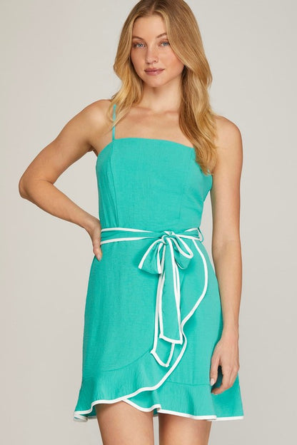 Tiffany Contrast Binding Waist Tie Mini Dress ~ Soft Jade