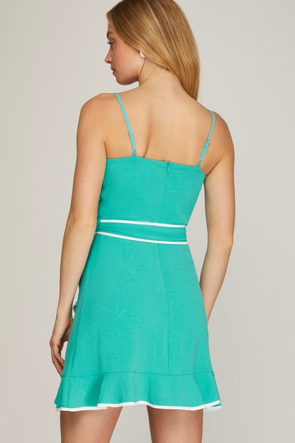 Tiffany Contrast Binding Waist Tie Mini Dress ~ Soft Jade