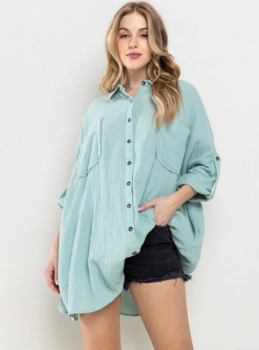 Juliette Button Up Loose Fit Pocket Top ~ Mint