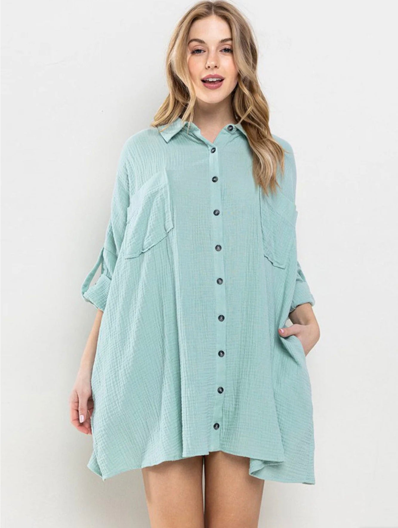 Juliette Button Up Loose Fit Pocket Top ~ Mint