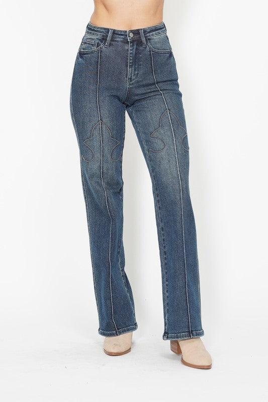 Judy Blue Western Seam Detail Straight Leg Jeans ~ Dark Denim