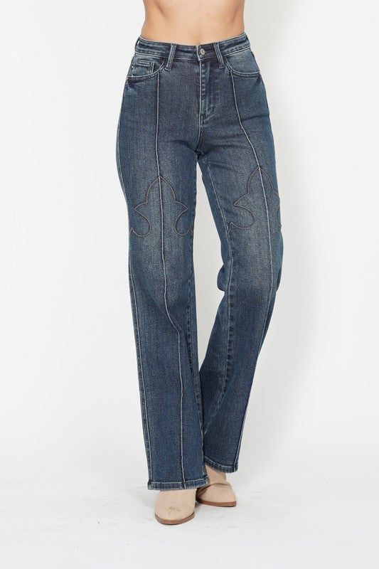 Judy Blue Western Seam Detail Straight Leg Jeans ~ Dark Denim