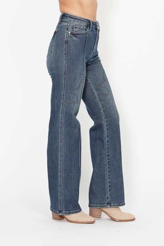 Judy Blue Western Seam Detail Straight Leg Jeans ~ Dark Denim