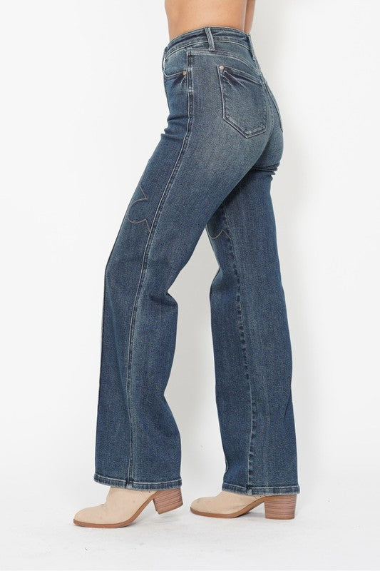 Judy Blue Western Seam Detail Straight Leg Jeans ~ Dark Denim