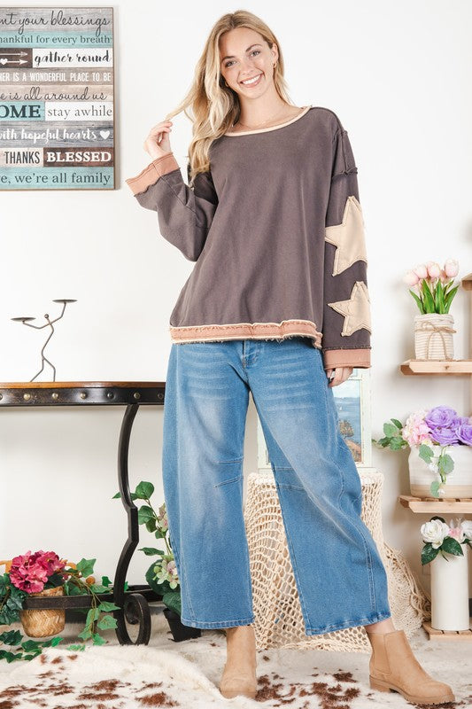 Kinley Oversized Star Patch Pullover ~ Brown