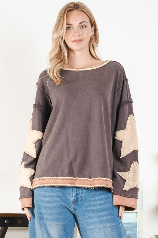 Kinley Oversized Star Patch Pullover ~ Brown