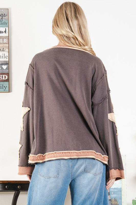 Kinley Oversized Star Patch Pullover ~ Brown