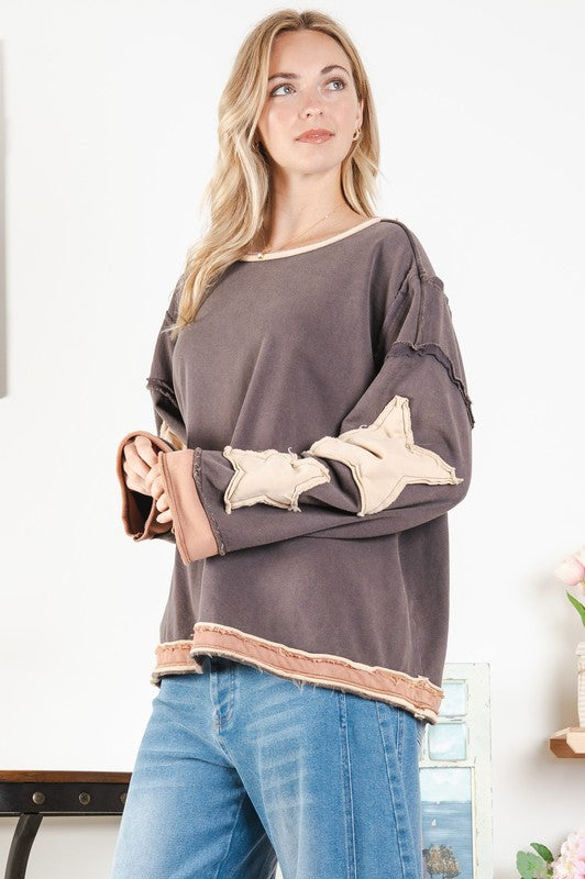 Kinley Oversized Star Patch Pullover ~ Brown