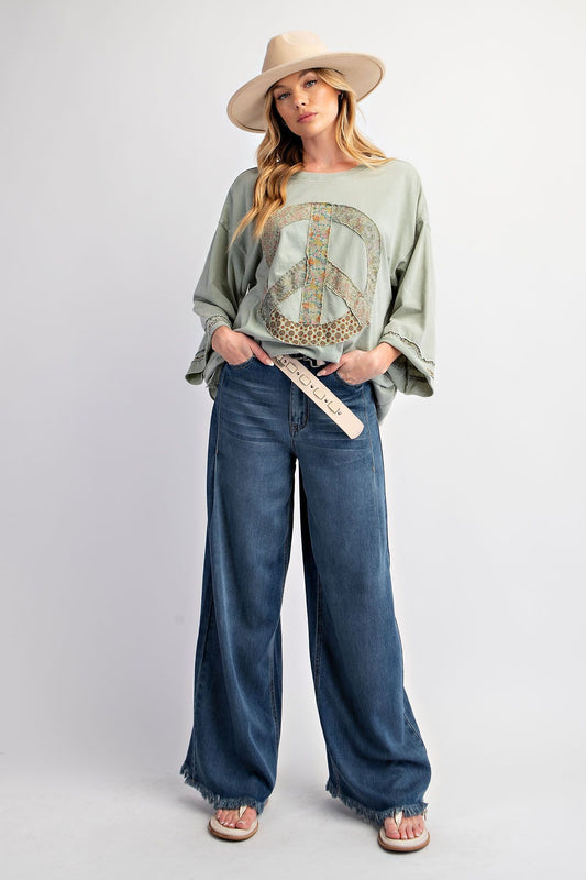 Sadie 3/4 Sleeve Peace Sign Top ~ Sage