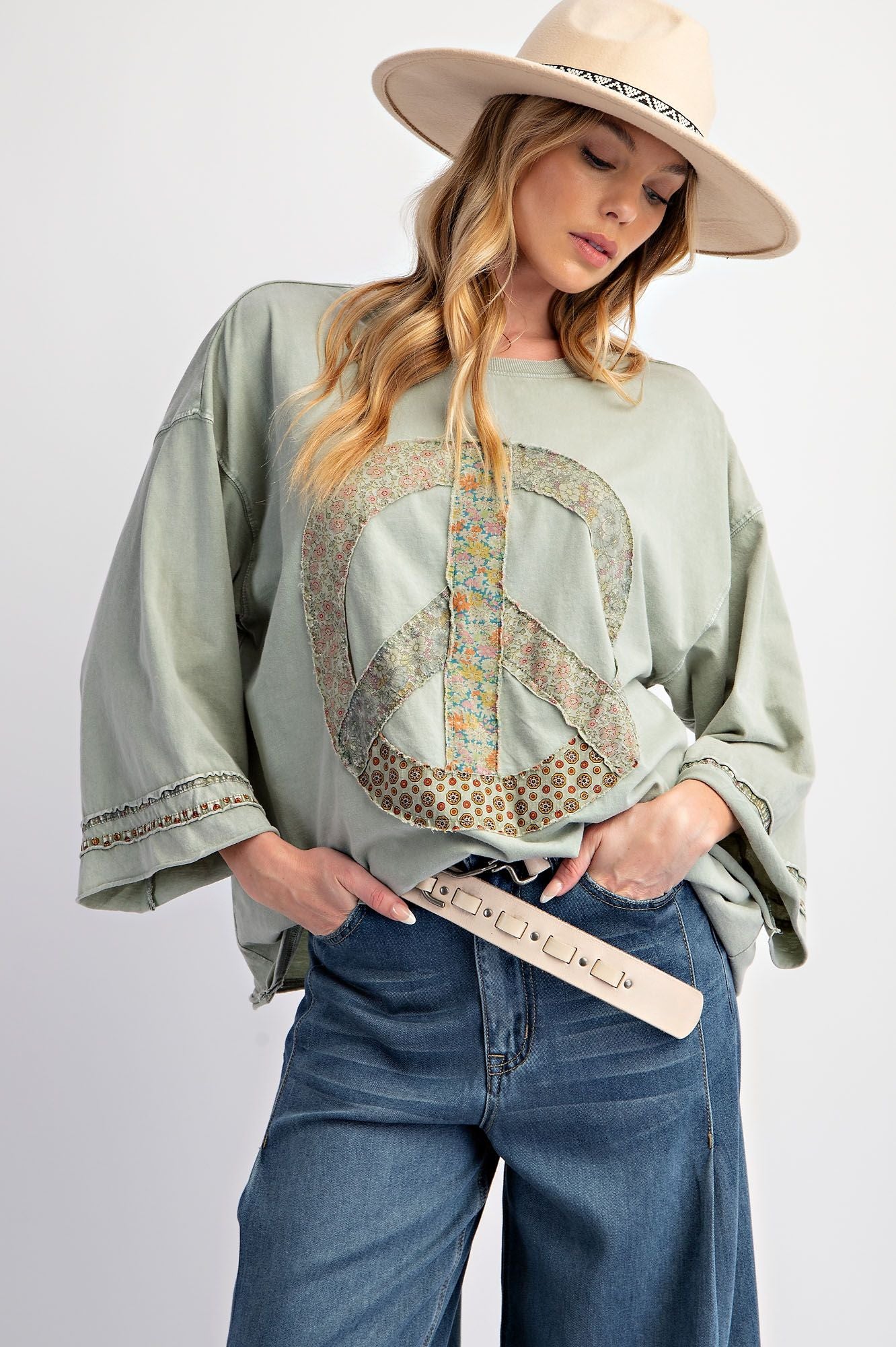 Sadie 3/4 Sleeve Peace Sign Top ~ Sage