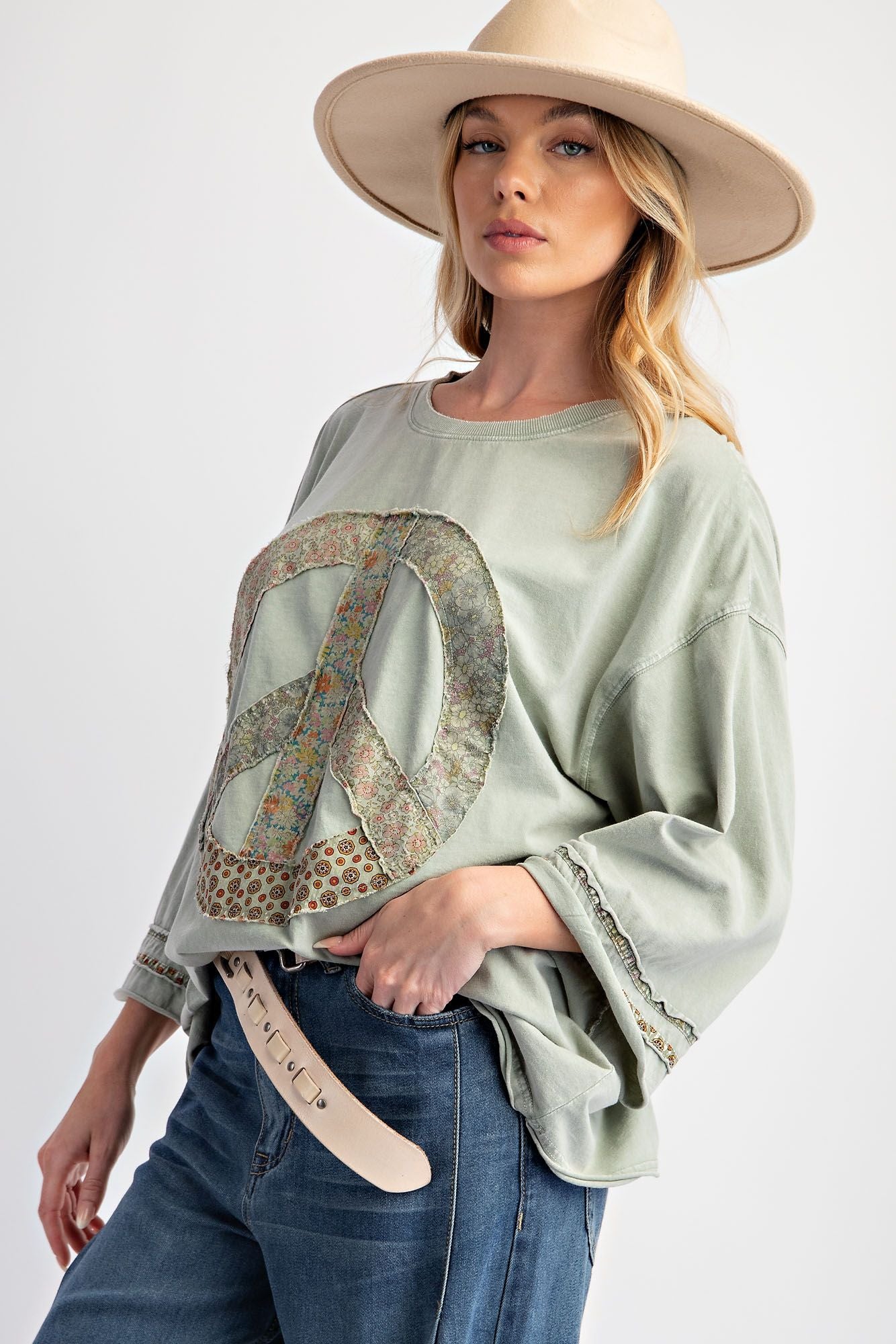 Sadie 3/4 Sleeve Peace Sign Top ~ Sage