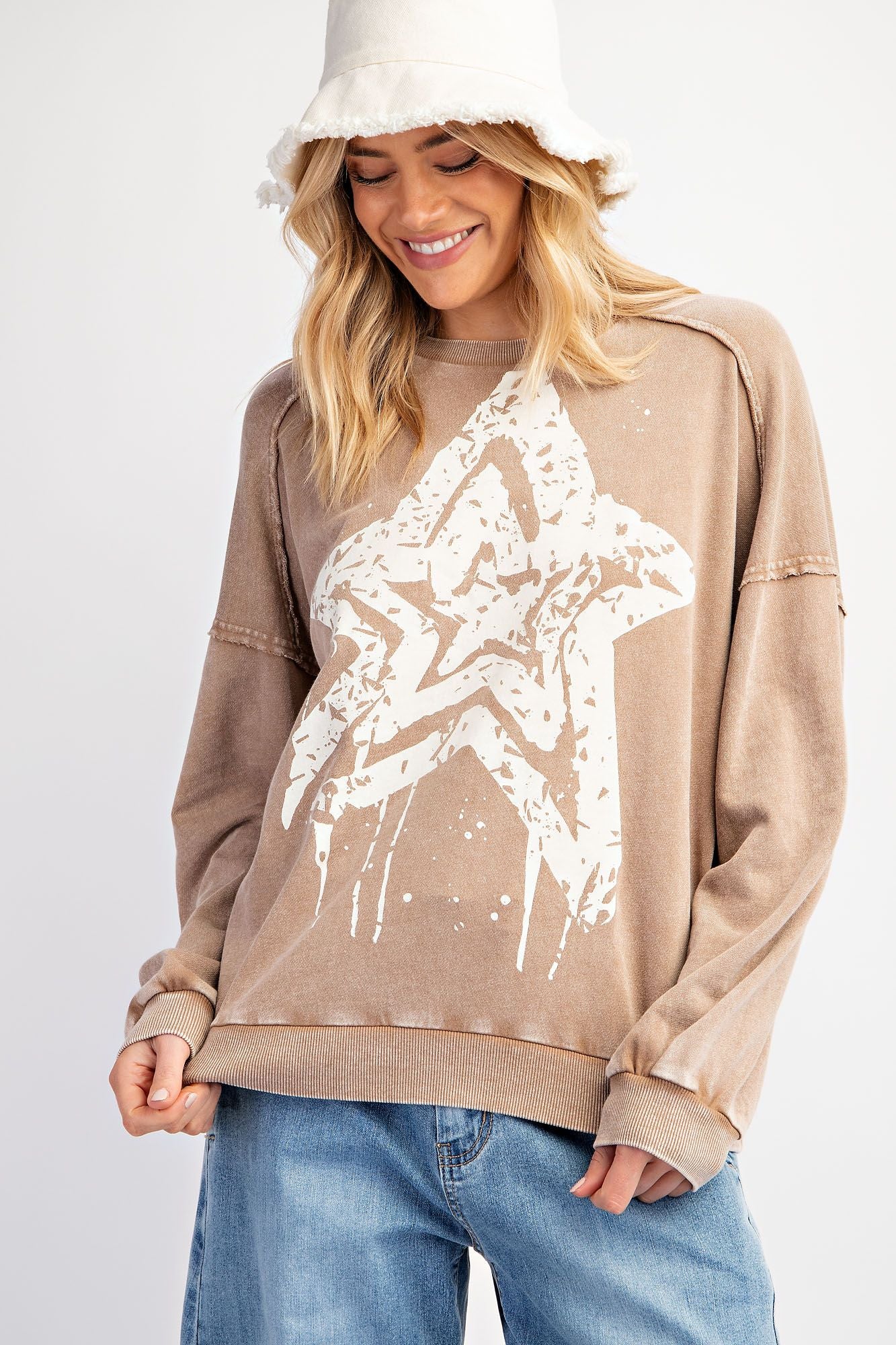 Ashlee Star Print Mineral Wash Top ~ Mocha