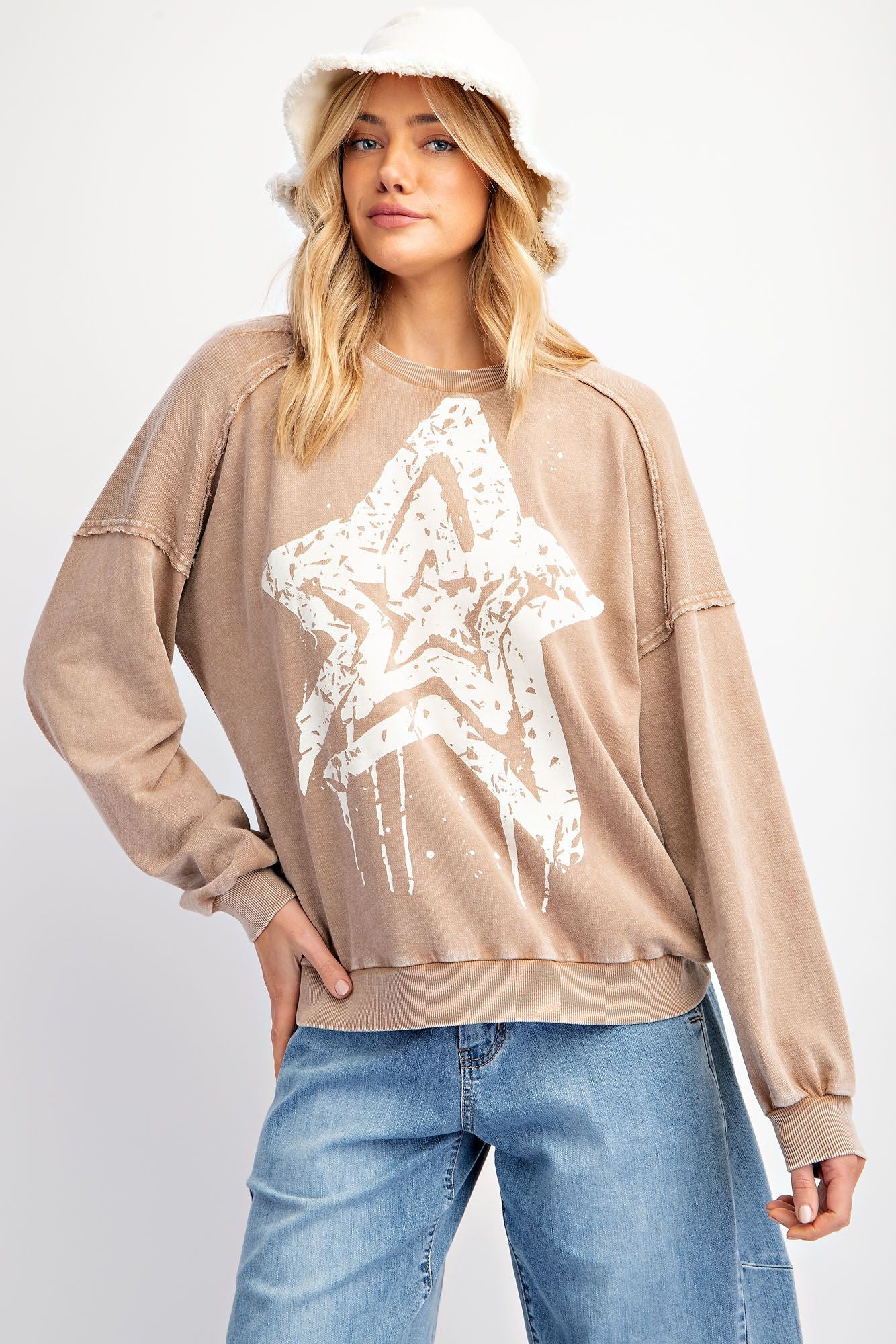 Ashlee Star Print Mineral Wash Top ~ Mocha