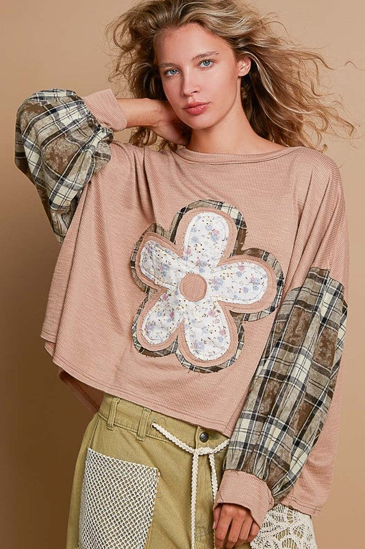 Peyton Round Neck Paid Sleeve Floral Print Top ~ Mocha