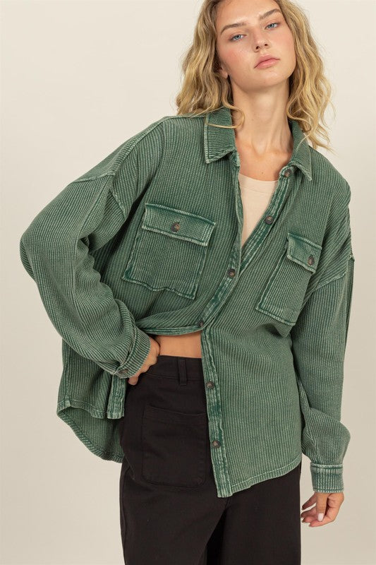 Delaney Waffle Oversized Button Up Shacket ~ Dark Green