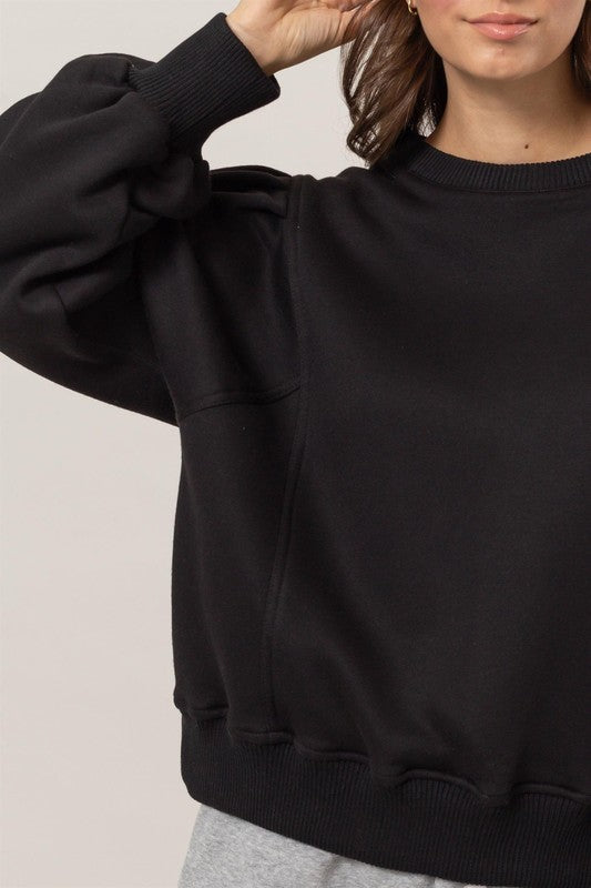 Gemma Crew Neck French Terry Bubble Sleeve Top ~ Black