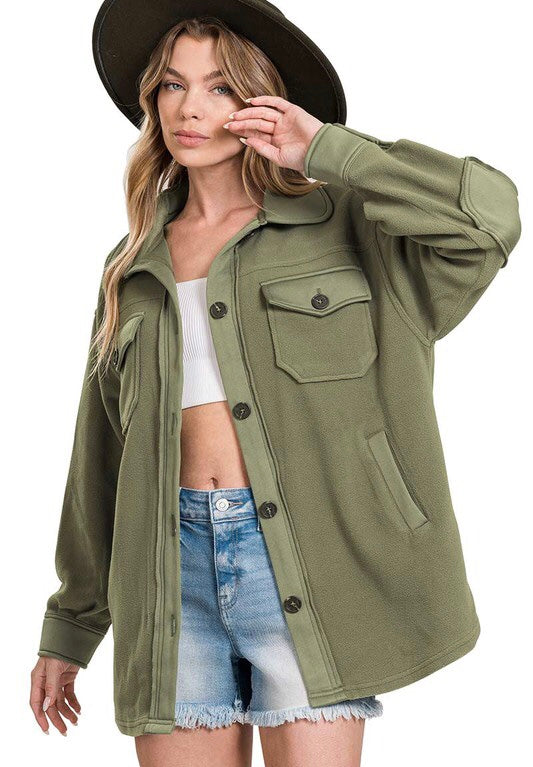 Shelby Oversized Fleece Shacket ~ Light Olive