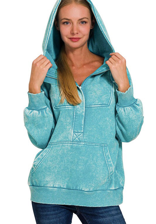 Mallory Acid Wash Fleece Kangaroo Hoodie ~ Light Teal