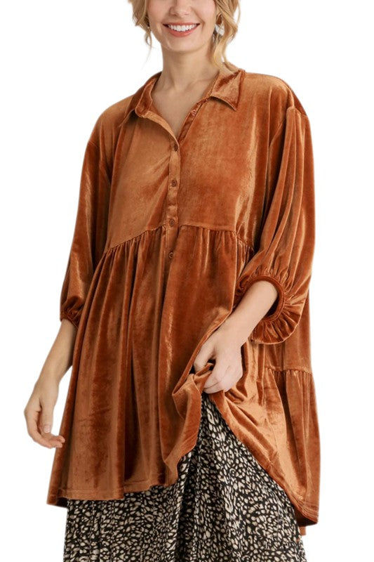 Amber Velvet Button Down Tunic Dress ~ Burnt Orange