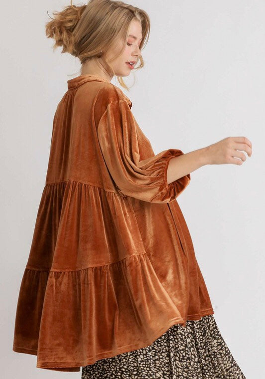 Amber Velvet Button Down Tunic Dress ~ Burnt Orange