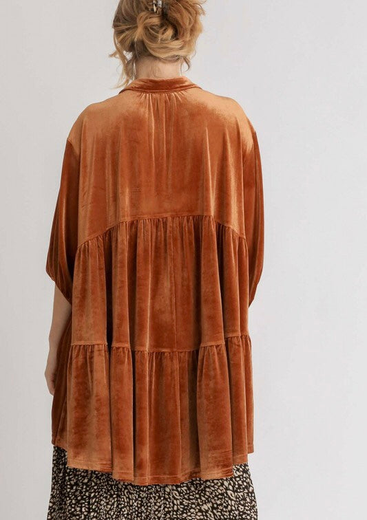 Amber Velvet Button Down Tunic Dress ~ Burnt Orange