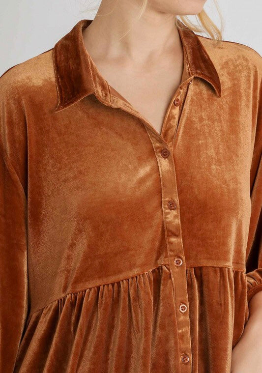 Amber Velvet Button Down Tunic Dress ~ Burnt Orange