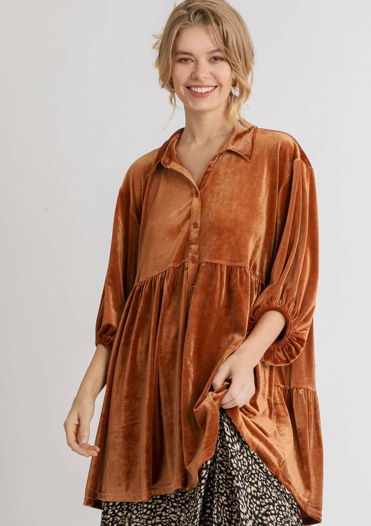 Amber Velvet Button Down Tunic Dress ~ Burnt Orange