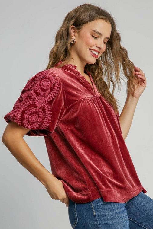 Jessica Velvet Embroidered Sleeve Top ~ Rosewood