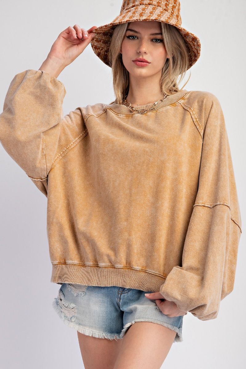 Sara Mineral Wash Terry Knit Pullover ~ Camel