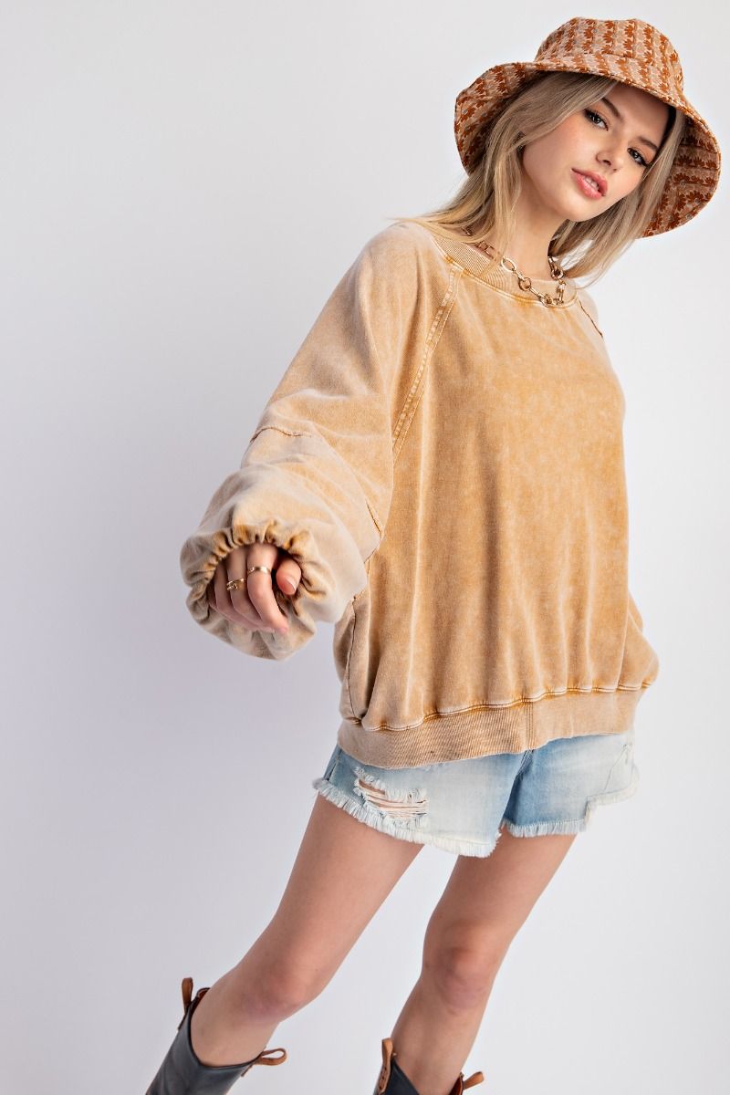 Sara Mineral Wash Terry Knit Pullover ~ Camel